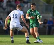 26 August 2022; Tiernan O’Halloran of Connacht in action against Robert du Preez of Sale Sharks during the Pre-season Friendly match between Connacht and Sale Sharks at Dubarry Park in Athlone, Westmeath. Photo by Brendan Moran/Sportsfile