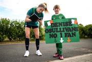 30 August 2022; Denise O'Sullivan meets supporter Abbie Kinsella, age 8, from Lusk United, after a Republic of Ireland Women training session at the FAI National Training Centre in Abbotstown, Dublin. Photo by Stephen McCarthy/Sportsfile