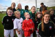 30 August 2022; Players, from left, Megan Connolly, Amber Barrett and Denise O'Sullivan with players from Glasnevin FC's Football For All section after a Republic of Ireland Women training session at the FAI National Training Centre in Abbotstown, Dublin. Photo by Stephen McCarthy/Sportsfile