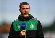25 August 2022; Shamrock Rovers manager Stephen Bradley speking to RTÉ before the UEFA Europa League Play-Off Second Leg match between Shamrock Rovers and Ferencvaros at Tallaght Stadium in Dublin. Photo by Eóin Noonan/Sportsfile