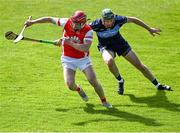 27 August 2022; Liam Murphy of Cuala in action against Gerard McManus of St Jude's during the Go Ahead Dublin County Senior Club Hurling Championship Group 1 match between St Jude's and Cuala at Parnell Park in Dublin. Photo by Piaras Ó Mídheach/Sportsfile