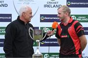 28 August 2022; Eddie Richardson of North County is interviewed by Alan Lewis of HBV Studios after the Clear Currency National Cup Final match between North County and Terenure at Leinster Cricket Club in Dublin. Photo by Piaras Ó Mídheach/Sportsfile