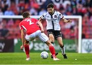 29 August 2022; Joe Adams of Dundalk and Lewis Banks of Sligo Rovers during the SSE Airtricity League Premier Division match between Sligo Rovers and Dundalk at The Showgrounds in Sligo. Photo by Ben McShane/Sportsfile