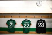 1 September 2022; The Republic of Ireland jerseys of, from left, Ciara Grant, Leanne Kiernan and goalkeeper Megan Walsh hang in the dressing room before the FIFA Women's World Cup 2023 qualifier match between Republic of Ireland and Finland at Tallaght Stadium in Dublin. Photo by Stephen McCarthy/Sportsfile