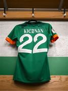 1 September 2022; The Republic of Ireland jersey of Leanne Kiernan hangs in the dressing room before the FIFA Women's World Cup 2023 qualifier match between Republic of Ireland and Finland at Tallaght Stadium in Dublin. Photo by Stephen McCarthy/Sportsfile