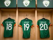 1 September 2022; The Republic of Ireland jerseys of, from left, Claire O'Riordan, Hayley Nolan and Ellen Molloy hang in the dressing room before the FIFA Women's World Cup 2023 qualifier match between Republic of Ireland and Finland at Tallaght Stadium in Dublin. Photo by Stephen McCarthy/Sportsfile