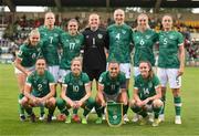 1 September 2022; The Republic of Ireland team, back row, from left, Ruesha Littlejohn, Diane Caldwell, Jamie Finn, goalkeeper Courtney Brosnan, Louise Quinn, Megan Connolly and Megan Campbell. Front row, from left, Jessica Ziu, Denise O'Sullivan, captain Katie McCabe and Heather Payne before the FIFA Women's World Cup 2023 qualifier match between Republic of Ireland and Finland at Tallaght Stadium in Dublin. Photo by Stephen McCarthy/Sportsfile
