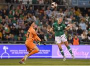 1 September 2022; Lily Agg of Republic of Ireland heads to score her side's first goal despite the attention of Finland goalkeeper Tinja-Riikka Korpela during the FIFA Women's World Cup 2023 qualifier match between Republic of Ireland and Finland at Tallaght Stadium in Dublin. Photo by Eóin Noonan/Sportsfile
