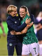 1 September 2022; Republic of Ireland manager Vera Pauw and Diane Caldwell celebrate after their side's victory in the FIFA Women's World Cup 2023 qualifier match between Republic of Ireland and Finland at Tallaght Stadium in Dublin. Photo by Seb Daly/Sportsfile