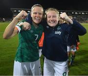 1 September 2022; Diane Caldwell, left, and Amber Barrett of Republic of Ireland celebrate after the FIFA Women's World Cup 2023 qualifier match between Republic of Ireland and Finland at Tallaght Stadium in Dublin. Photo by Stephen McCarthy/Sportsfile