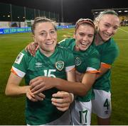 1 September 2022; Republic of Ireland players, from left, Lucy Quinn, Jamie Finn and Louise Quinn after the FIFA Women's World Cup 2023 qualifier match between Republic of Ireland and Finland at Tallaght Stadium in Dublin. Photo by Stephen McCarthy/Sportsfile