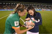 1 September 2022; Republic of Ireland captain Katie McCabe with Áine O'Gorman of Republic of Ireland, and her 5 week old son James, after the FIFA Women's World Cup 2023 qualifier match between Republic of Ireland and Finland at Tallaght Stadium in Dublin. Photo by Stephen McCarthy/Sportsfile