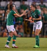 1 September 2022; Republic of Ireland captain Katie McCabe, right, and Chloe Mustaki celebrate at the final whistle of the FIFA Women's World Cup 2023 qualifier match between Republic of Ireland and Finland at Tallaght Stadium in Dublin. Photo by Stephen McCarthy/Sportsfile