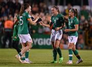 1 September 2022; Republic of Ireland captain Katie McCabe, centre, Chloe Mustaki, right, and Megan Campbell celebrate at the final whistle of the FIFA Women's World Cup 2023 qualifier match between Republic of Ireland and Finland at Tallaght Stadium in Dublin. Photo by Stephen McCarthy/Sportsfile