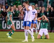 1 September 2022; Republic of Ireland captain Katie McCabe celebrates at the final whistle of the FIFA Women's World Cup 2023 qualifier match between Republic of Ireland and Finland at Tallaght Stadium in Dublin. Photo by Stephen McCarthy/Sportsfile
