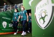 1 September 2022; Denise O'Sullivan and Áine O'Gorman, left, of Republic of Ireland before the FIFA Women's World Cup 2023 qualifier match between Republic of Ireland and Finland at Tallaght Stadium in Dublin. Photo by Stephen McCarthy/Sportsfile