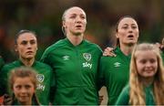 1 September 2022; Republic of Ireland players, from left, Jess Ziu, Louise Quinn and Megan Campbell before the FIFA Women's World Cup 2023 qualifier match between Republic of Ireland and Finland at Tallaght Stadium in Dublin. Photo by Stephen McCarthy/Sportsfile