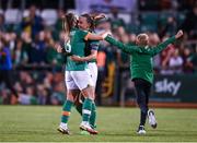 1 September 2022; Republic of Ireland captain Katie McCabe, right, and Chloe Mustaki celebrate at the final whistle of the FIFA Women's World Cup 2023 qualifier match between Republic of Ireland and Finland at Tallaght Stadium in Dublin. Photo by Stephen McCarthy/Sportsfile