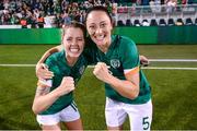 1 September 2022; Denise O'Sullivan, left, and Megan Campbell of Republic of Ireland celebrate after the FIFA Women's World Cup 2023 qualifier match between Republic of Ireland and Finland at Tallaght Stadium in Dublin. Photo by Stephen McCarthy/Sportsfile
