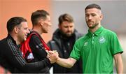 2 September 2022; Bohemians performance coach Philip McMahon, left, and Jack Byrne of Shamrock Rovers greet each other before the SSE Airtricity League Premier Division match between Bohemians and Shamrock Rovers at Dalymount Park in Dublin. Photo by Seb Daly/Sportsfile