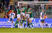 1 September 2022; Lily Agg of Republic of Ireland, hidden, celebrates with teammates after scoring their side's first goal during the FIFA Women's World Cup 2023 qualifier match between Republic of Ireland and Finland at Tallaght Stadium in Dublin. Photo by Seb Daly/Sportsfile