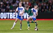 1 September 2022; Heather Payne of Republic of Ireland in action against Ria Öling, right, and Sanni Franssi of Finland during the FIFA Women's World Cup 2023 qualifier match between Republic of Ireland and Finland at Tallaght Stadium in Dublin. Photo by Seb Daly/Sportsfile