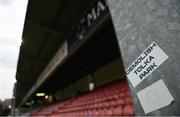 2 September 2022; A &quot;Demolish Tolka Park&quot; sticker is seen on the stand before the SSE Airtricity League Premier Division match between St Patrick's Athletic and Finn Harps at Richmond Park in Dublin. Photo by Eóin Noonan/Sportsfile