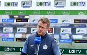 2 September 2022; Shelbourne manager Damien Duff is interviewed by RTÉ before the SSE Airtricity League Premier Division match between Dundalk and Shelbourne at Casey's Field in Dundalk, Louth. Photo by Ben McShane/Sportsfile