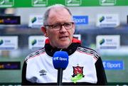 2 September 2022; Dundalk first team manager Dave Mackey is interviewed by RTÉ before the SSE Airtricity League Premier Division match between Dundalk and Shelbourne at Casey's Field in Dundalk, Louth. Photo by Ben McShane/Sportsfile