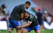 2 September 2022; Charlie Ngatai, right, and Vakhtang Abdaladze of Leinster warm-up before the pre-season friendly match between Harlequins and Leinster at Twickenham Stoop in London, England. Photo by Brendan Moran/Sportsfile