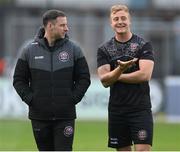 2 September 2022; Bohemians performance coach Philip McMahon and James Talbot, right, before the SSE Airtricity League Premier Division match between Bohemians and Shamrock Rovers at Dalymount Park in Dublin. Photo by Stephen McCarthy/Sportsfile