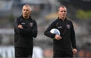2 September 2022; Bohemians interim managers Trevor Croly, left, and Derek Pender before the SSE Airtricity League Premier Division match between Bohemians and Shamrock Rovers at Dalymount Park in Dublin. Photo by Stephen McCarthy/Sportsfile
