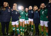 1 September 2022; Republic of Ireland players, from left, Grace Moloney, Ellen Molloy, Republic of Ireland goalkeeping coach Jan Willem van Ede, Heather Payne, Lily Agg, Hayley Nolan, Republic of Ireland team doctor Siobhan Forman and Jessica Ziu celebrate after the FIFA Women's World Cup 2023 qualifier match between Republic of Ireland and Finland at Tallaght Stadium in Dublin. Photo by Stephen McCarthy/Sportsfile