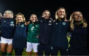 1 September 2022; Republic of Ireland players and staff, from left, Hayley Nolan, Republic of Ireland team doctor Siobhan Forman, Jessica Ziu of Republic of Ireland, Saoirse Noonan, Republic of Ireland masseuse Hannah Tobin Jones and Republic of Ireland kit and equipment manager Orla Haran celebrate after the FIFA Women's World Cup 2023 qualifier match between Republic of Ireland and Finland at Tallaght Stadium in Dublin. Photo by Stephen McCarthy/Sportsfile