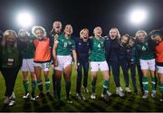 1 September 2022; Republic of Ireland manager Vera Pauw, centre, with, from left, Evelyn McMullan, FAI Team operations, Diane Caldwell, Leanne Kiernan, Courtney Brosnan, Katie McCabe, Louise Quinn, Republic of Ireland StatSports technician Niamh McDaid, Republic of Ireland physiotherapist Angela Kenneally, Abbie Larkin, Megan Connolly and Ciara Grant celebrate after the FIFA Women's World Cup 2023 qualifier match between Republic of Ireland and Finland at Tallaght Stadium in Dublin. Photo by Stephen McCarthy/Sportsfile