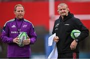 2 September 2022; Munster head coach Graham Rowntree, right, with Munster attack coach Mike Prendergast before the pre-season friendly match between Munster and London Irish at Musgrave Park in Cork. Photo by Piaras Ó Mídheach/Sportsfile