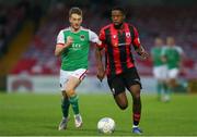 2 September 2022; Jordan Adeyemo of Longford Town in action against Cian Bargary of Cork City during the SSE Airtricity League First Division match between Cork City and Longford Town at Turners Cross in Cork. Photo by Michael P Ryan/Sportsfile
