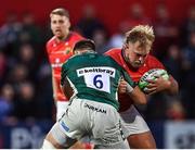 2 September 2022; Keynan Knox of Munster in action against Ben Donnell of London Irish during the pre-season friendly match between Munster and London Irish at Musgrave Park in Cork. Photo by Piaras Ó Mídheach/Sportsfile