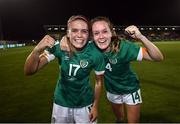 1 September 2022; Jamie Finn, left, and Heather Payne of Republic of Ireland celebrates after the FIFA Women's World Cup 2023 qualifier match between Republic of Ireland and Finland at Tallaght Stadium in Dublin. Photo by Stephen McCarthy/Sportsfile
