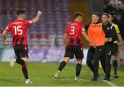 2 September 2022; Dylan Barnett of Longford Town, centre, celebrates after scoring his side's first goal during the SSE Airtricity League First Division match between Cork City and Longford Town at Turners Cross in Cork. Photo by Michael P Ryan/Sportsfile