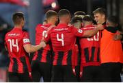 2 September 2022; Longford Town players and management celebrate their side's first goal scored by Dylan Barnett during the SSE Airtricity League First Division match between Cork City and Longford Town at Turners Cross in Cork. Photo by Michael P Ryan/Sportsfile