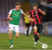 2 September 2022; Mark Hanratty of Longford Tow in action against Matt Healy of Cork City during the SSE Airtricity League First Division match between Cork City and Longford Town at Turners Cross in Cork. Photo by Michael P Ryan/Sportsfile