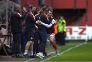 2 September 2022; Anto Breslin of St Patrick's Athletic celebrates with St Patrick's Athletic coaching staff after scoring his side's second goal during the SSE Airtricity League Premier Division match between St Patrick's Athletic and Finn Harps at Richmond Park in Dublin. Photo by Tyler Miller/Sportsfile