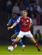 2 September 2022; Eoin Doyle of St Patrick's Athletic in action against Élie-Gael N'zeyi of Finn Harps during the SSE Airtricity League Premier Division match between St Patrick's Athletic and Finn Harps at Richmond Park in Dublin. Photo by Eóin Noonan/Sportsfile