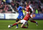 2 September 2022; Elie-Gael N'Zeyi of Finn Harps in action against Adam O'Reilly, centre, and Chris Forrester of St Patrick's Athletic during the SSE Airtricity League Premier Division match between St Patrick's Athletic and Finn Harps at Richmond Park in Dublin. Photo by Tyler Miller/Sportsfile