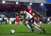 2 September 2022; Ryan O'Kane of Dundalk in action against Shane Farrell of Shelbourne during the SSE Airtricity League Premier Division match between Dundalk and Shelbourne at Casey's Field in Dundalk, Louth. Photo by Ben McShane/Sportsfile