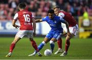 2 September 2022; Dylan Duncan of Finn Harps in action against Adam O'Reilly and Jamie Lennon of St Patrick's Athletic during the SSE Airtricity League Premier Division match between St Patrick's Athletic and Finn Harps at Richmond Park in Dublin. Photo by Tyler Miller/Sportsfile