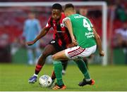 2 September 2022; Jordan Adeyemo of Longford Town in action against Cian Coleman of Cork City during the SSE Airtricity League First Division match between Cork City and Longford Town at Turners Cross in Cork. Photo by Michael P Ryan/Sportsfile