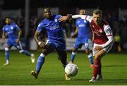 2 September 2022; Eric McWoods of Finn Harps in action against Jamie Lennon of St Patrick's Athletic during the SSE Airtricity League Premier Division match between St Patrick's Athletic and Finn Harps at Richmond Park in Dublin. Photo by Tyler Miller/Sportsfile