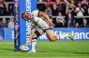 2 September 2022; Luke Marshall of Ulster scores a try during the Pre-Season friendly match between Ulster and Exeter Chiefs at Kingspan Stadium in Belfast. Photo by John Dickson /Sportsfile